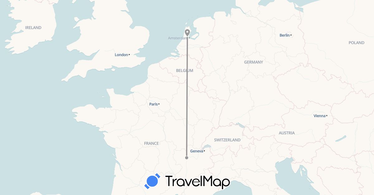 TravelMap itinerary: driving, plane in France, Netherlands (Europe)